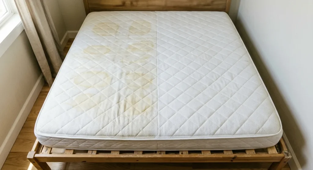 Moitié d'un matelas encore marquée d'auréoles jaunes, l'autre moitié redevenue blanche