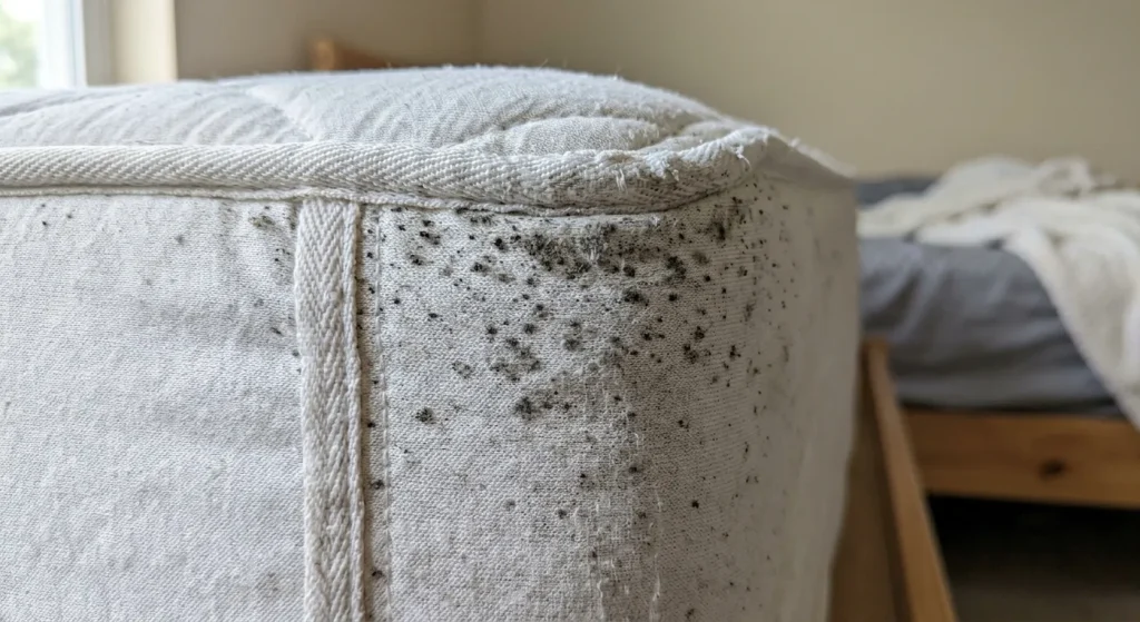 Points de moisissure noirs sur le coin d'un matelas blanc, près de la couture