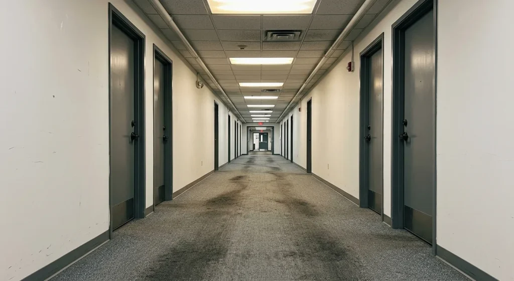 Couloir de bureaux avec moquette grise marquée par des traces de passage noircies