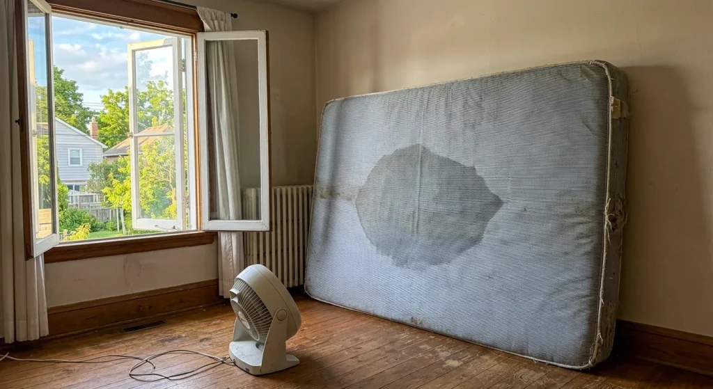 Matelas dressé sur la tranche devant une fenêtre ouverte, ventilateur orienté vers la zone humide