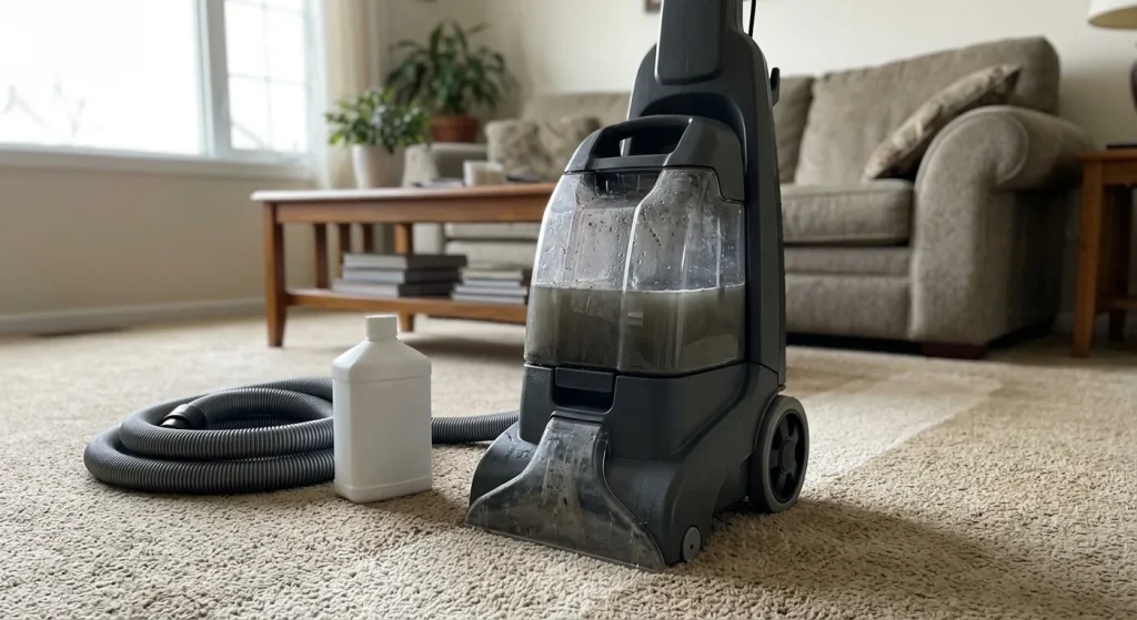 Shampouineuse de location sur une moquette beige, cuve d'eau sale et bande nettoyée visibles