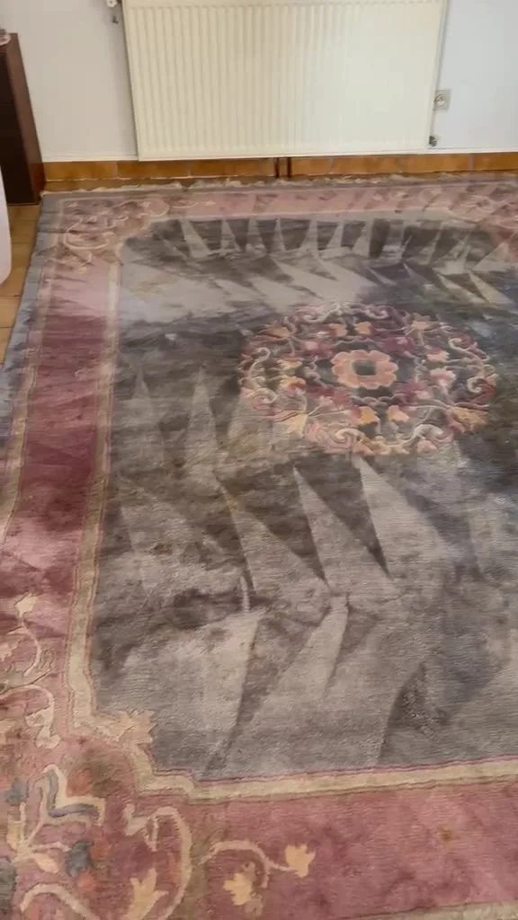 Grand tapis en laine pendant le nettoyage, zones ravivées visibles